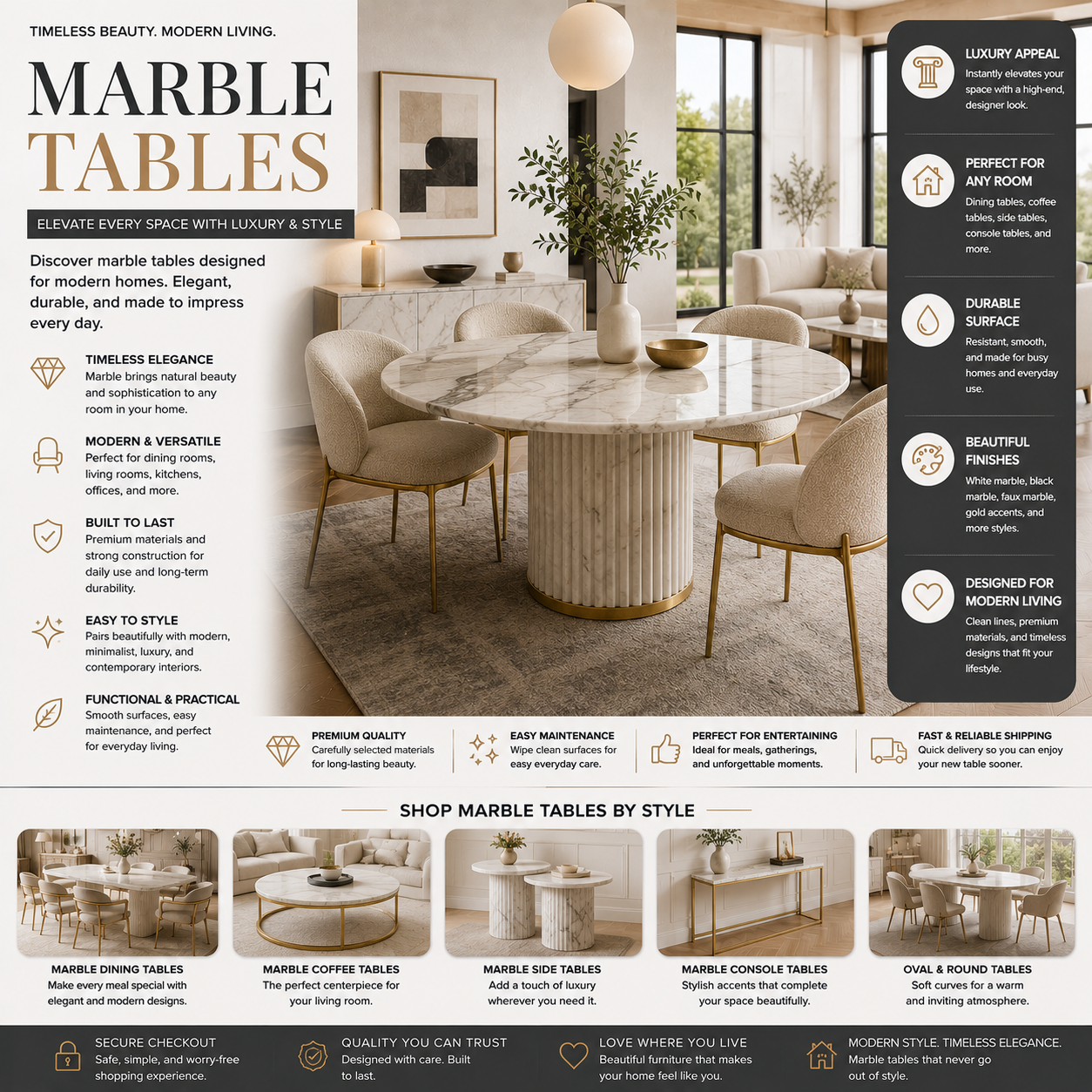 Modern marble tables and luxury dining furniture for apartments, kitchens, living rooms, and contemporary modern interiors