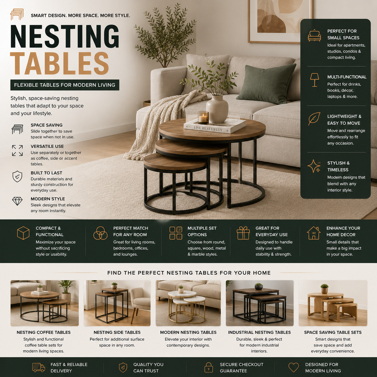 Modern nesting tables and stackable side tables for apartments, living rooms, bedrooms, small spaces, contemporary interiors, and stylish home decor