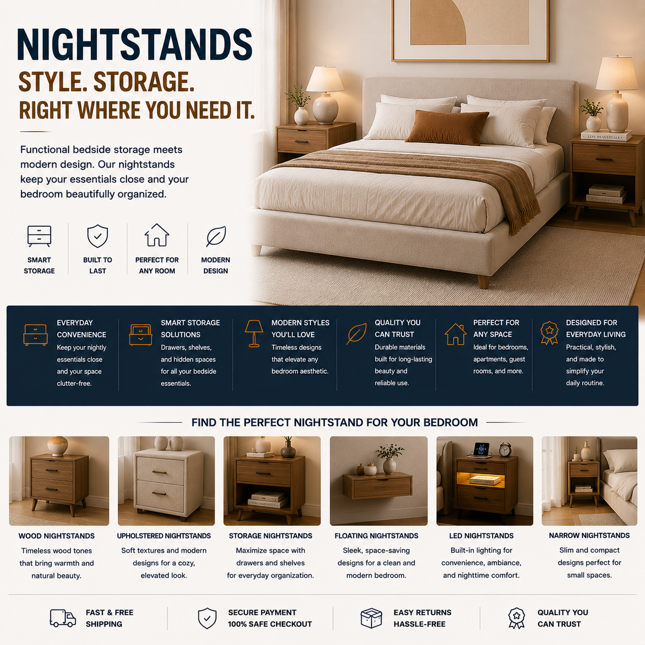 Modern nightstand with bedside storage, wood bedside table, cozy bedroom furniture, and contemporary minimalist bedroom interior