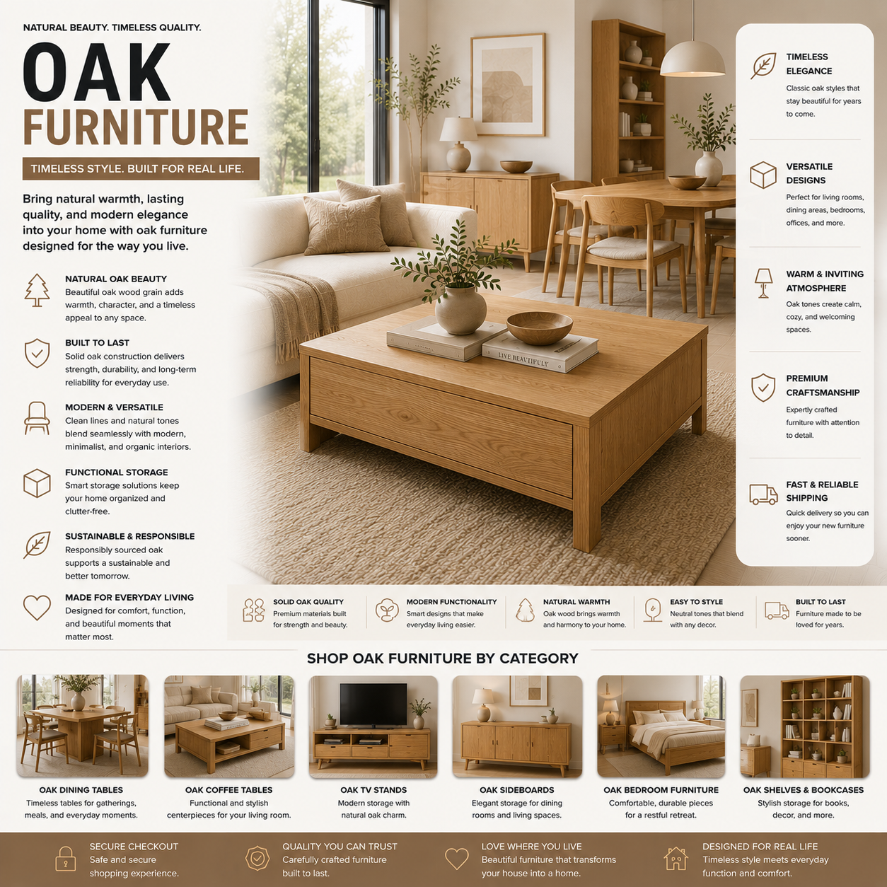 Modern oak furniture including oak tables, wood storage furniture, dining sets, and contemporary living room interiors