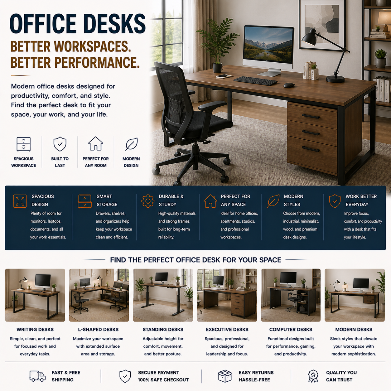 Modern office desk with computer workspace, home office furniture, minimalist desk setup, and contemporary productivity workspace
