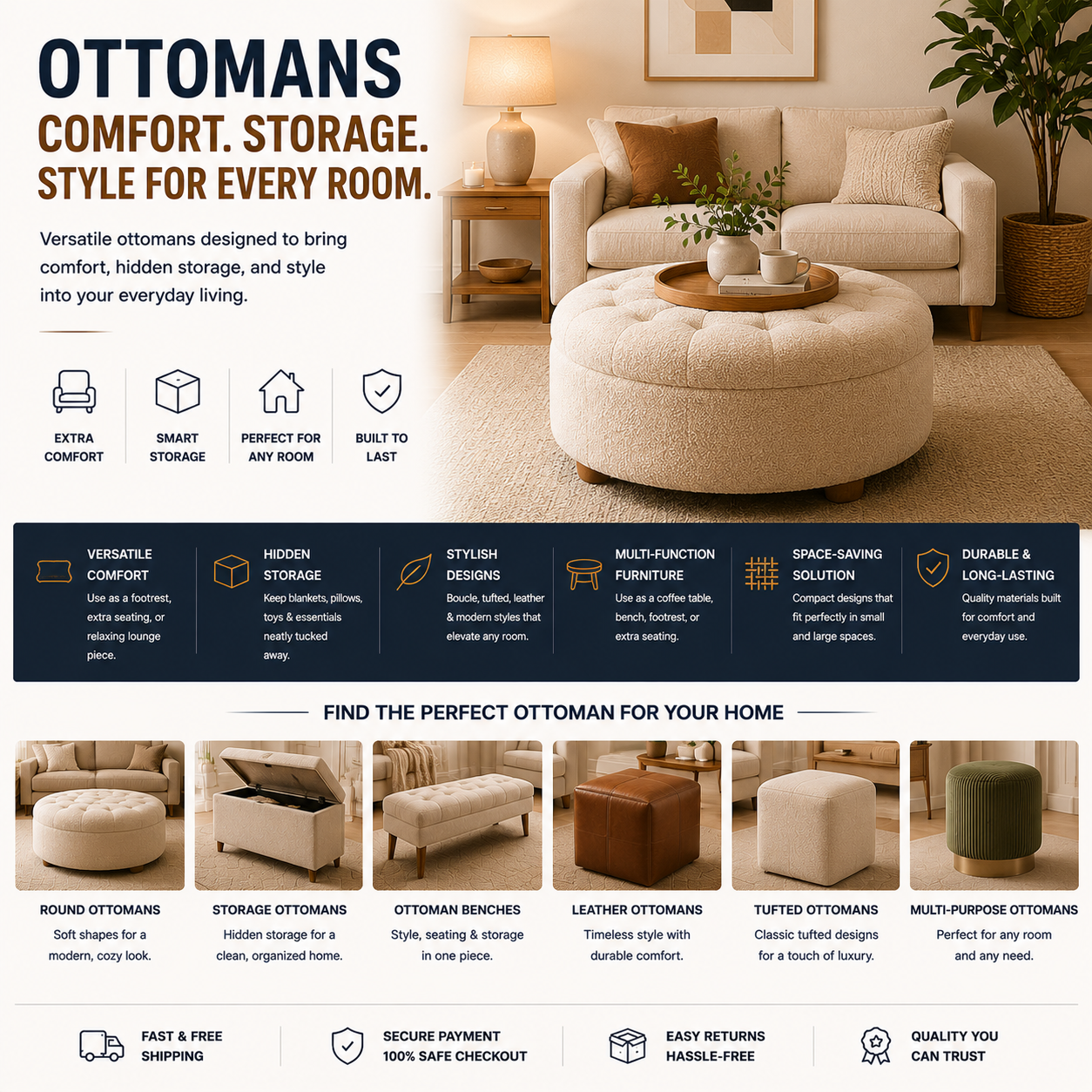 Modern ottoman with storage seating, tufted bench, cozy living room furniture, and stylish contemporary home decor