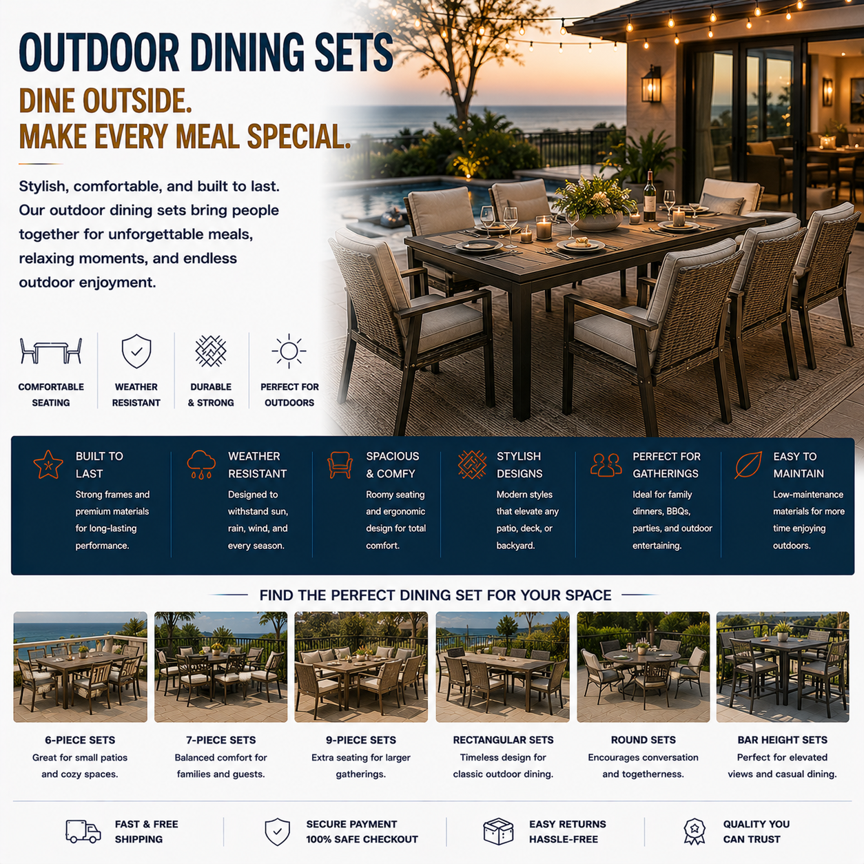 Modern outdoor dining set with patio table, wicker seating, backyard dining furniture, and contemporary outdoor entertainment space