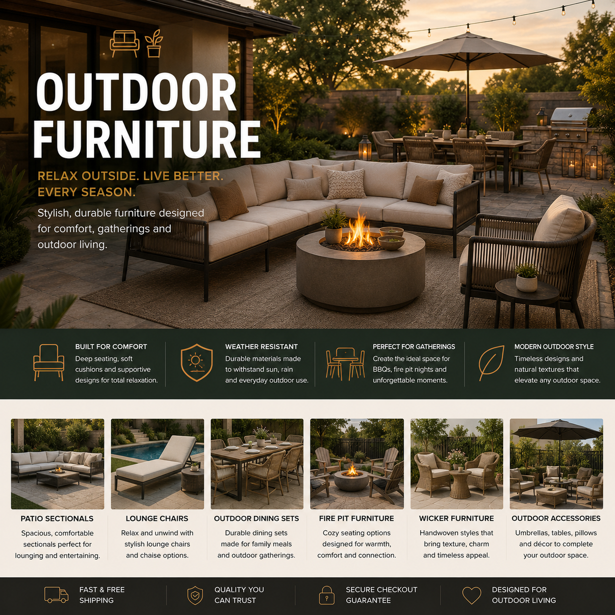 Modern outdoor furniture with patio seating, outdoor sectional sofa, lounge chairs, fire pit area, and stylish backyard living setup