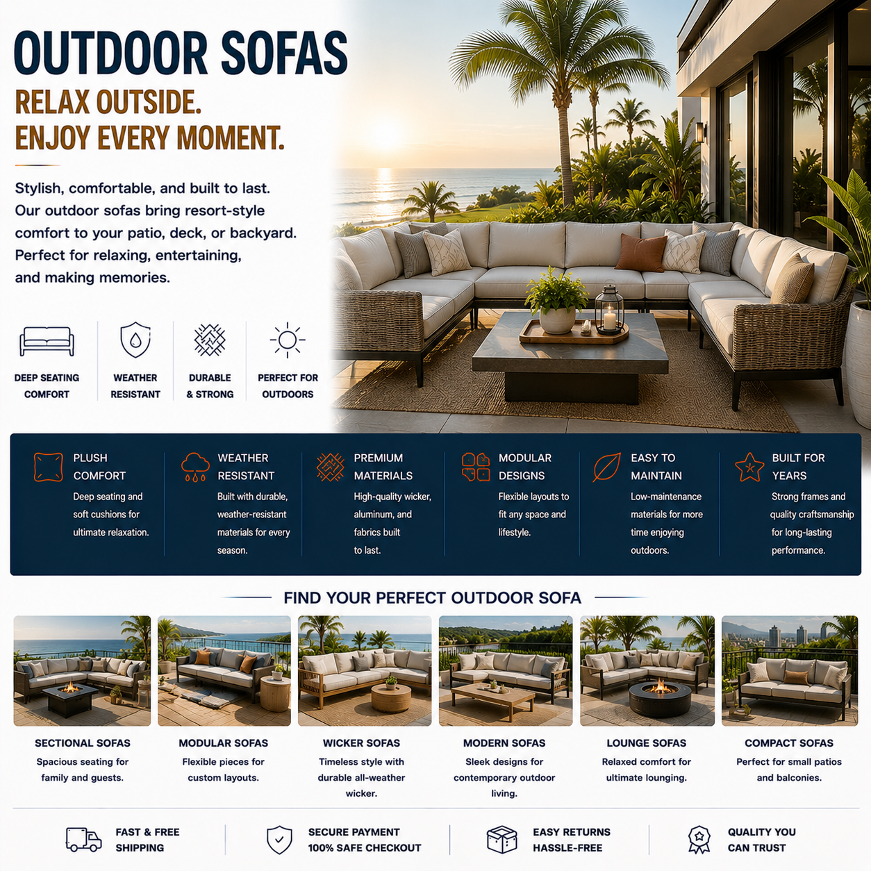 Modern outdoor sofa with patio lounge seating, wicker backyard furniture, luxury outdoor living space, and contemporary patio setup