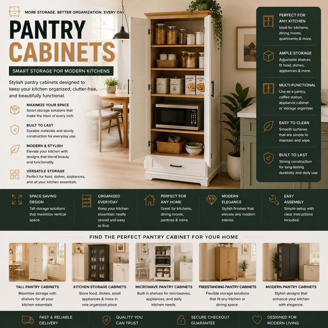 Modern pantry cabinets and kitchen storage furniture for apartments, kitchens, dining rooms, food organization, pantry storage, and contemporary home interiors