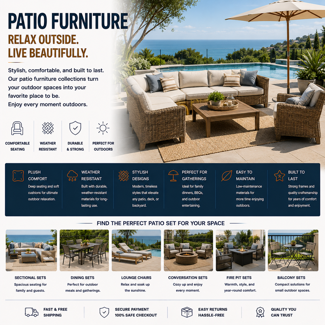 Modern patio furniture with outdoor sectional seating, backyard lounge setup, wicker outdoor furniture, and contemporary patio living space