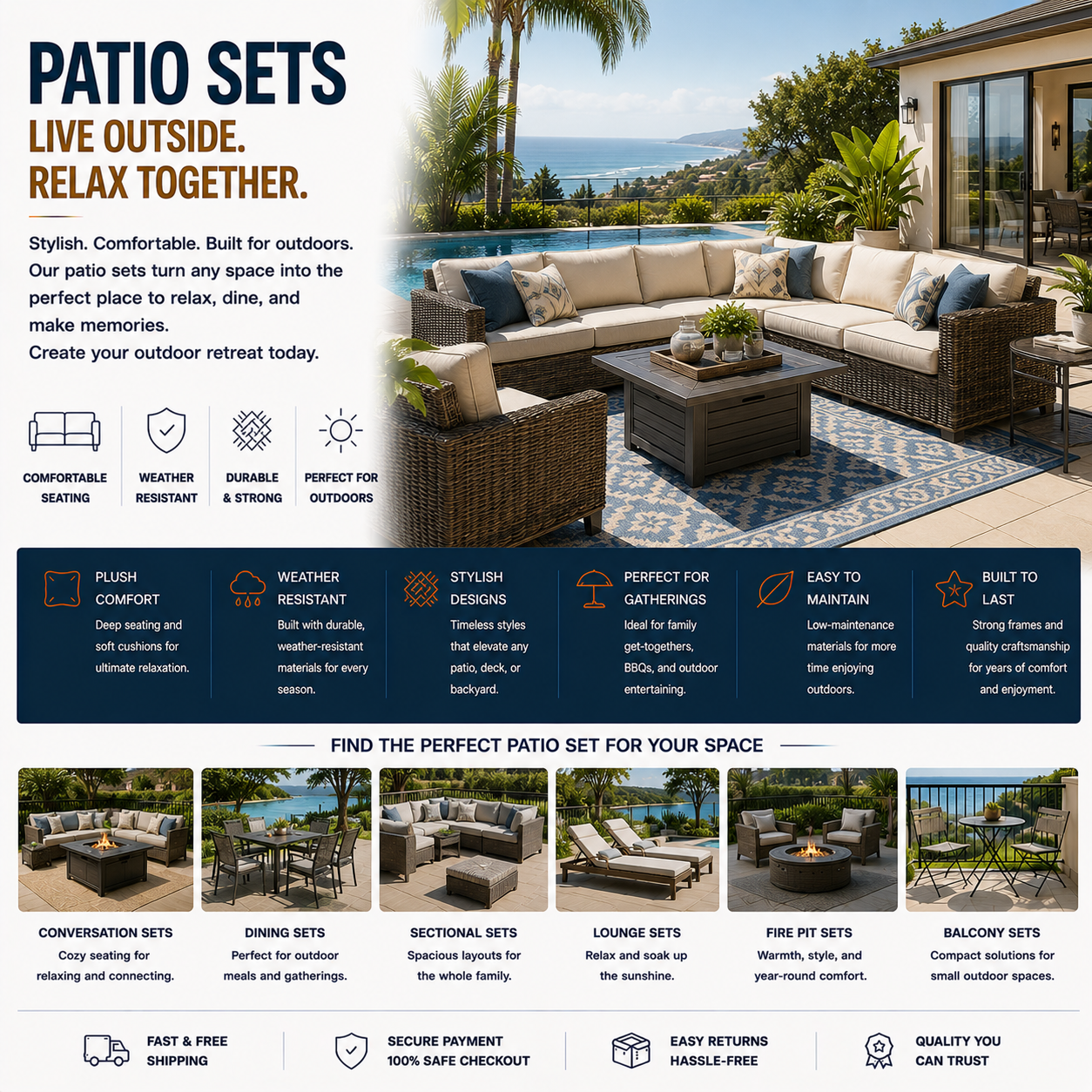 Modern patio set with outdoor sectional seating, wicker backyard furniture, patio dining setup, and contemporary outdoor living space