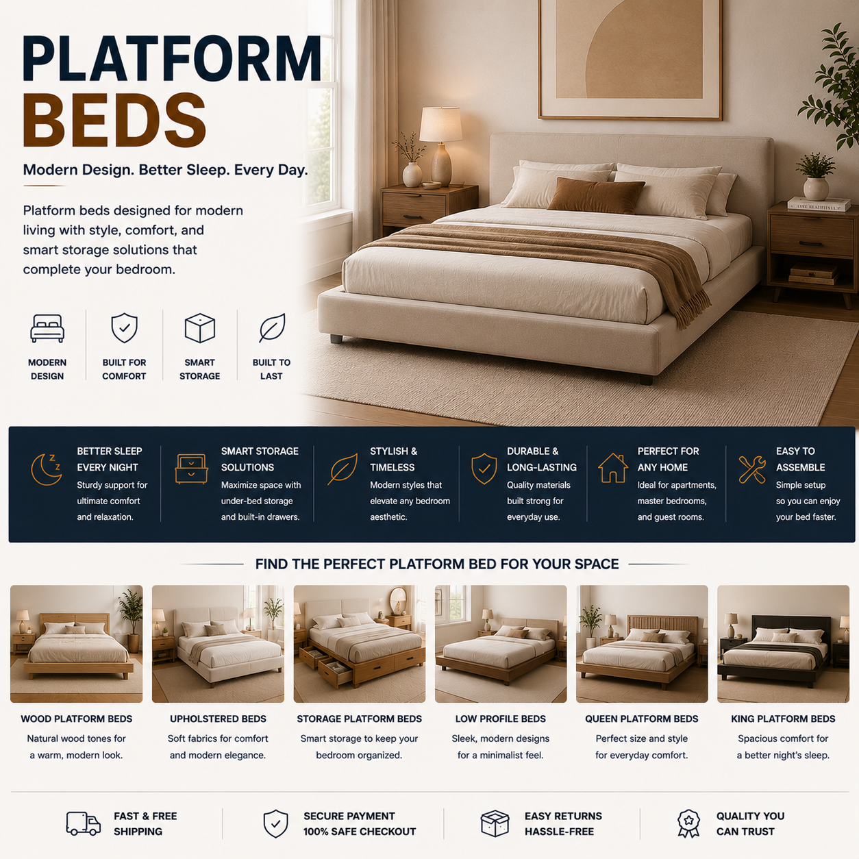 Modern platform bed with upholstered headboard, wood bed frame, minimalist bedroom furniture, and cozy contemporary bedroom interior