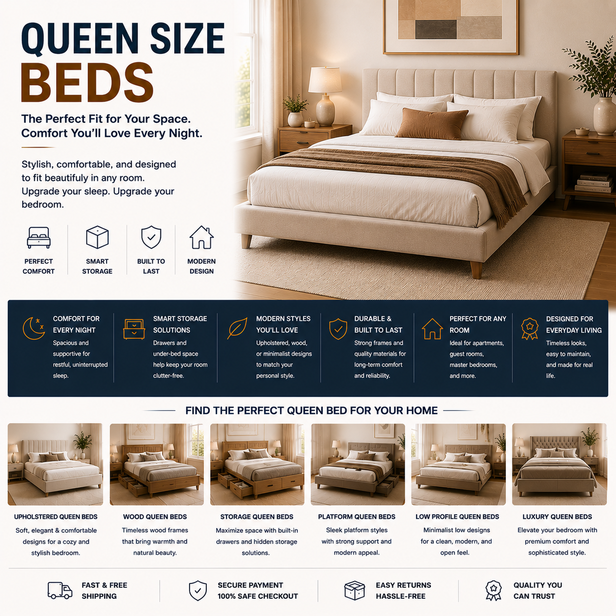 Modern queen size bed with upholstered headboard, stylish bedroom furniture, cozy contemporary bedroom, and minimalist modern interior