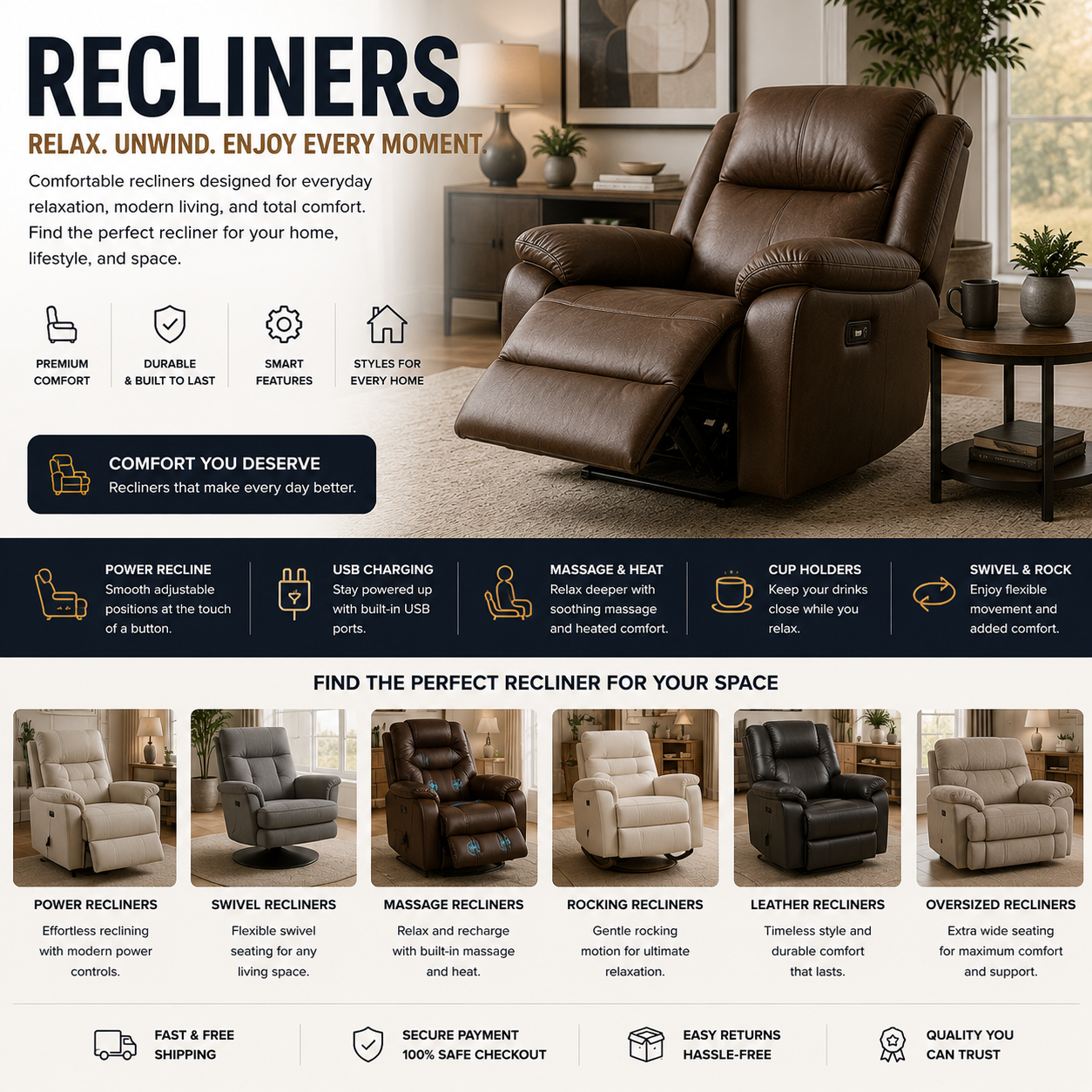 Modern recliner chair with power reclining seating, cozy living room, leather recliner, and comfortable home theater setup