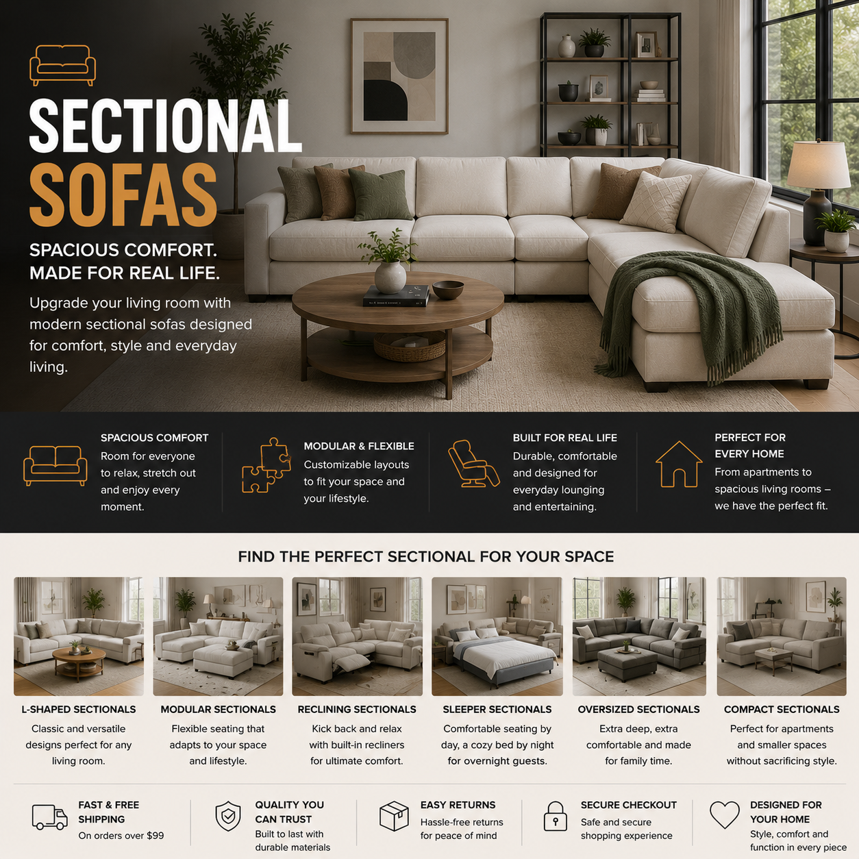 Modern sectional sofa with chaise lounge, oversized seating, cozy living room, and contemporary home interior