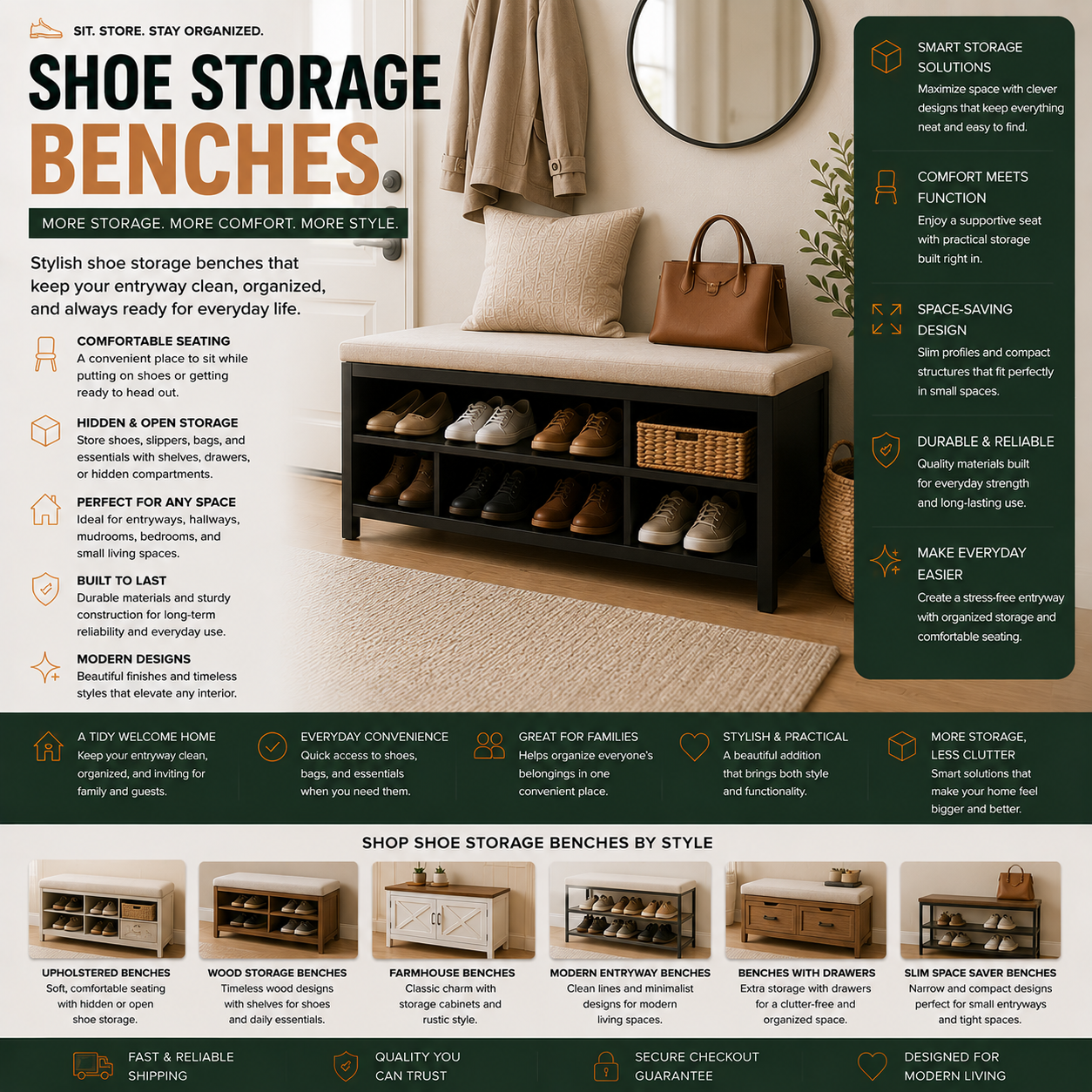Modern shoe storage benches and entryway seating furniture for apartments, mudrooms, hallways, shoe organization, and contemporary home interiors