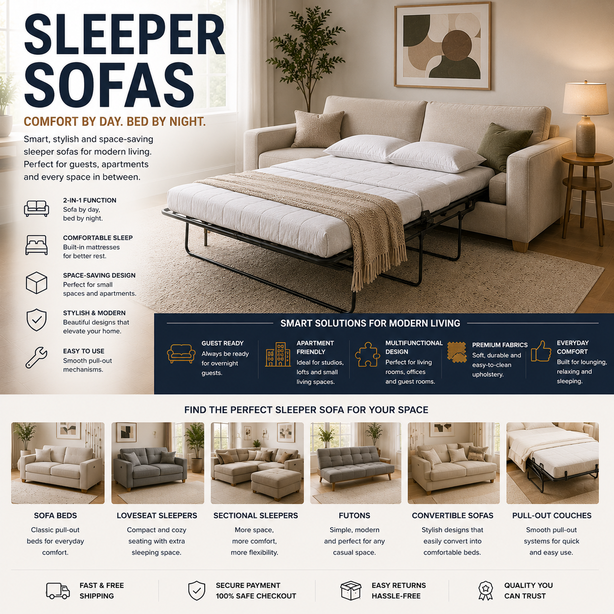 Modern sleeper sofa with pull-out bed, convertible couch, cozy living room, and multifunctional apartment furniture