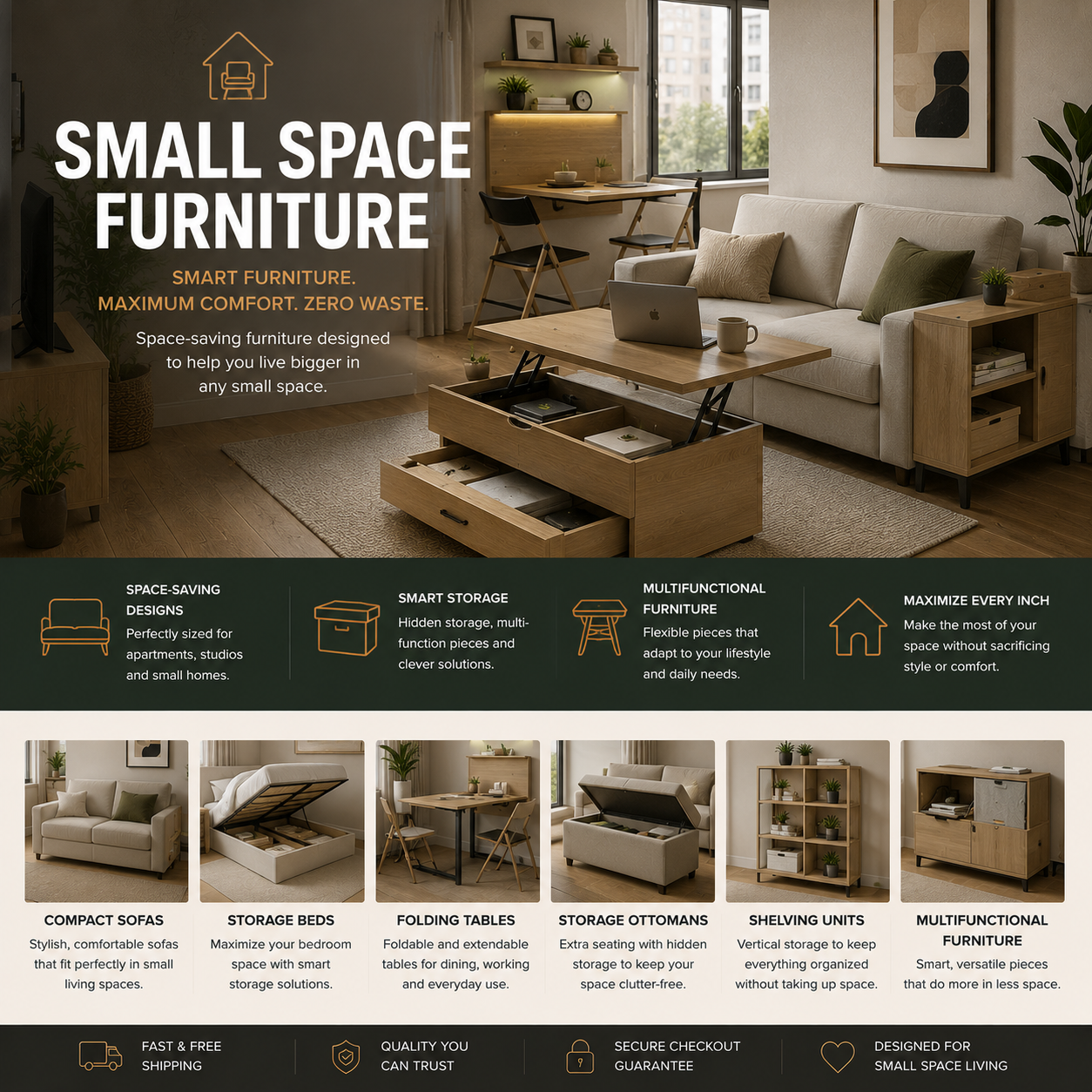 Modern small space furniture with compact sofa, storage table, multifunctional furniture, apartment living room, and space-saving home setup