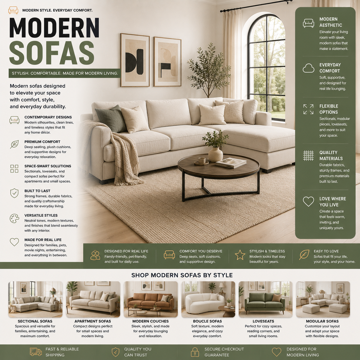 Modern sofas and contemporary sectional couches for apartments, living rooms, lofts, and stylish modern home interiors