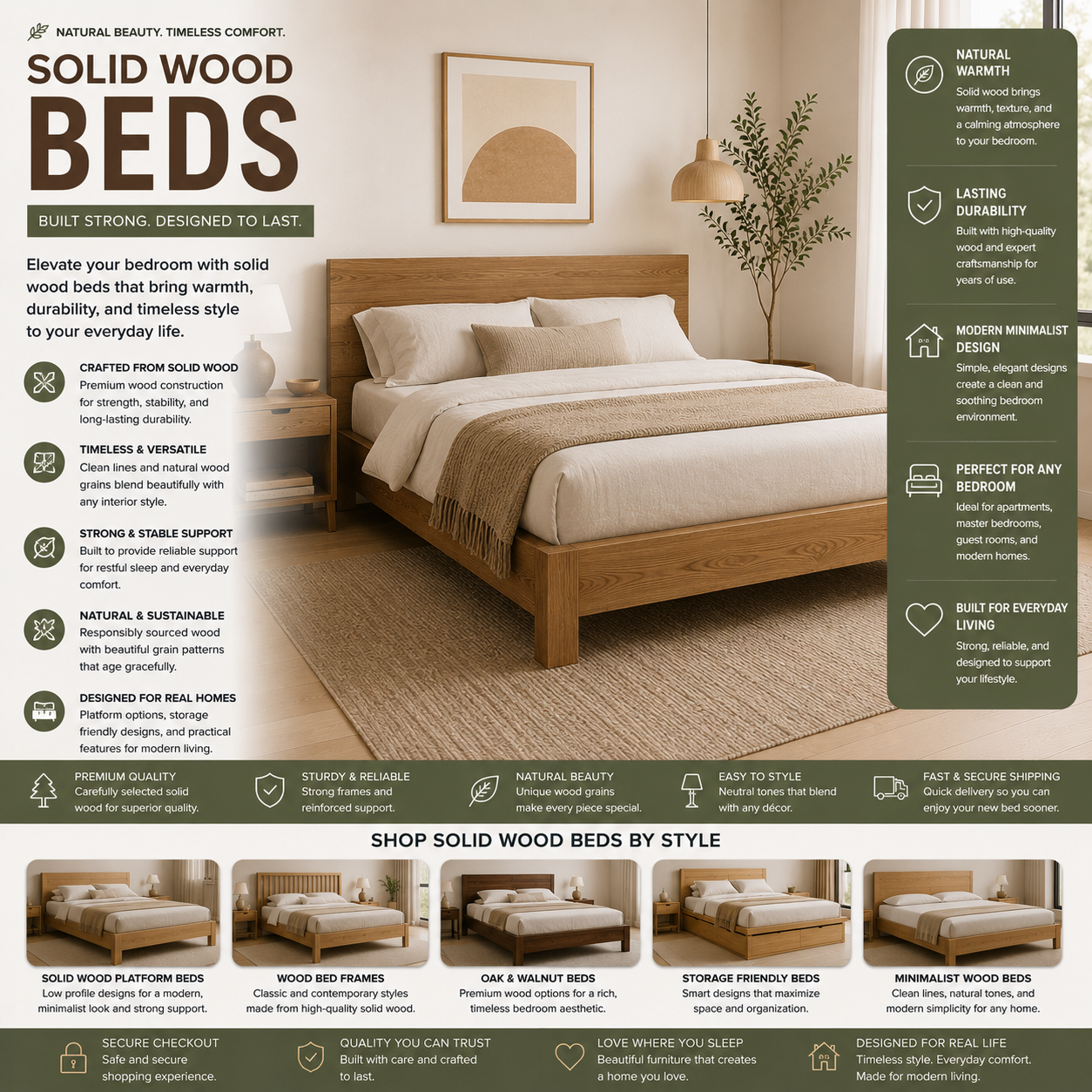 Modern solid wood beds and wooden bedroom furniture for apartments, master bedrooms, guest rooms, and contemporary interiors