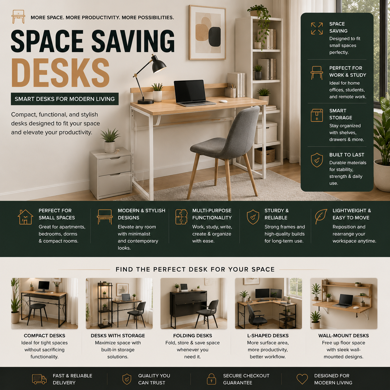 Modern space saving desks and compact home office desks for apartments, bedrooms, small rooms, remote work setups, gaming spaces, and minimalist interiors