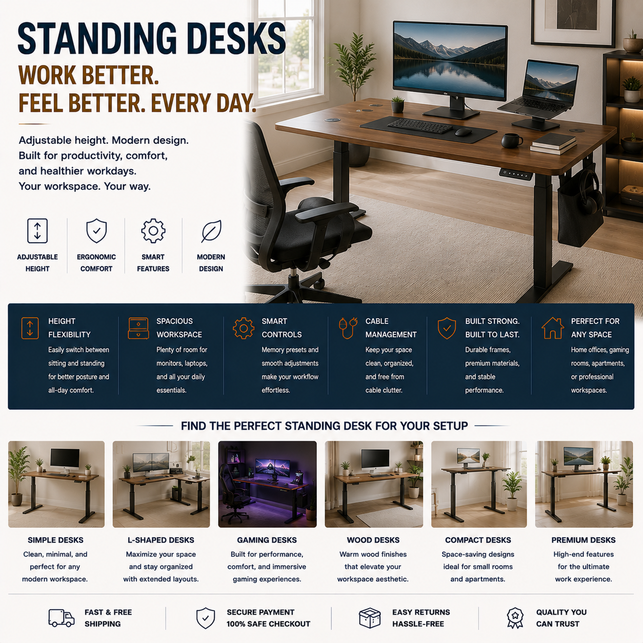 Modern standing desk with adjustable height workspace, ergonomic office furniture, home office setup, and contemporary productivity workspace