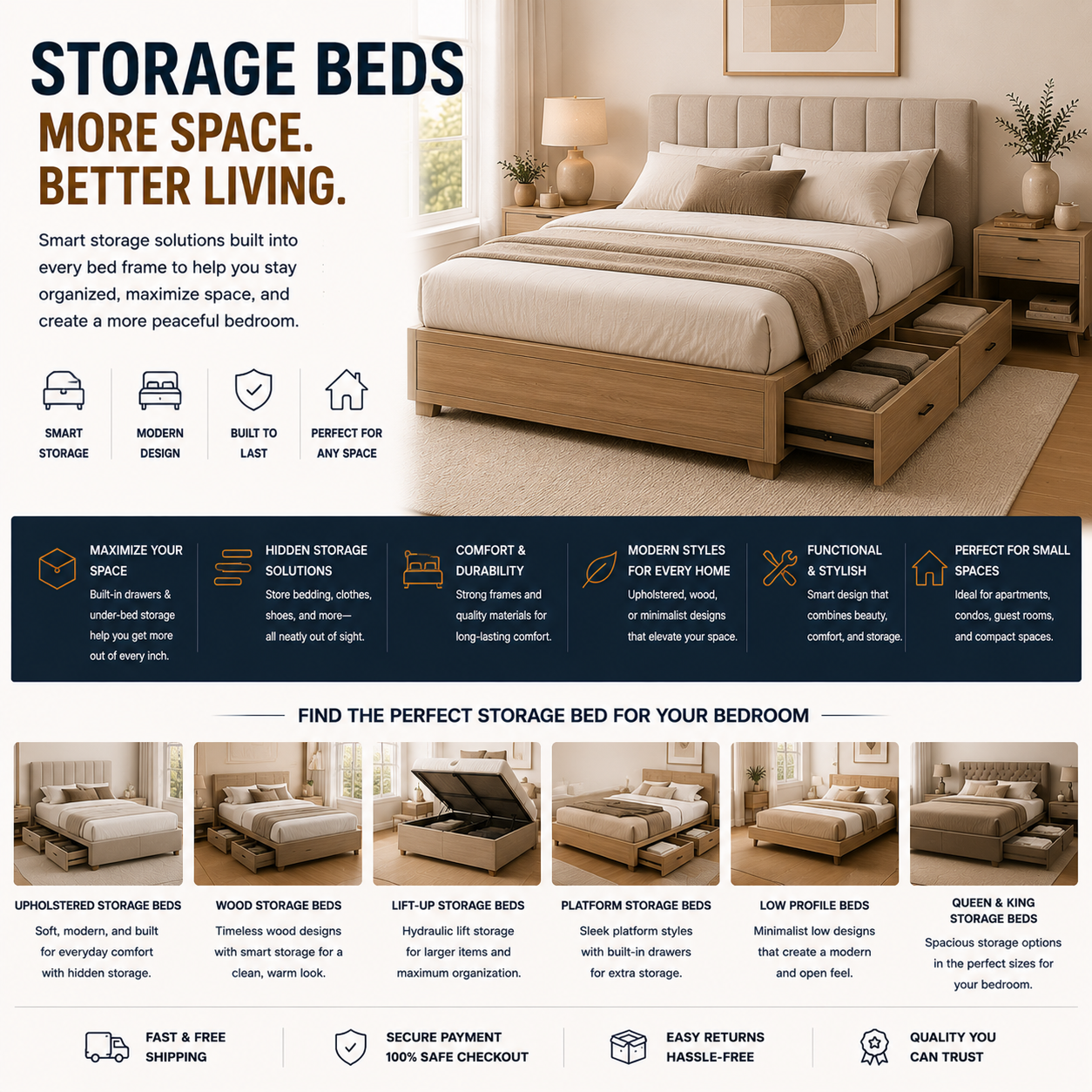 Modern storage bed with built-in drawers, upholstered headboard, organized bedroom furniture, and cozy contemporary bedroom interior