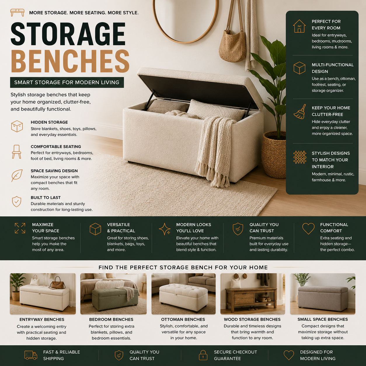 Modern storage benches and entryway bench seating with hidden storage for apartments, bedrooms, mudrooms, living rooms, and contemporary home organization