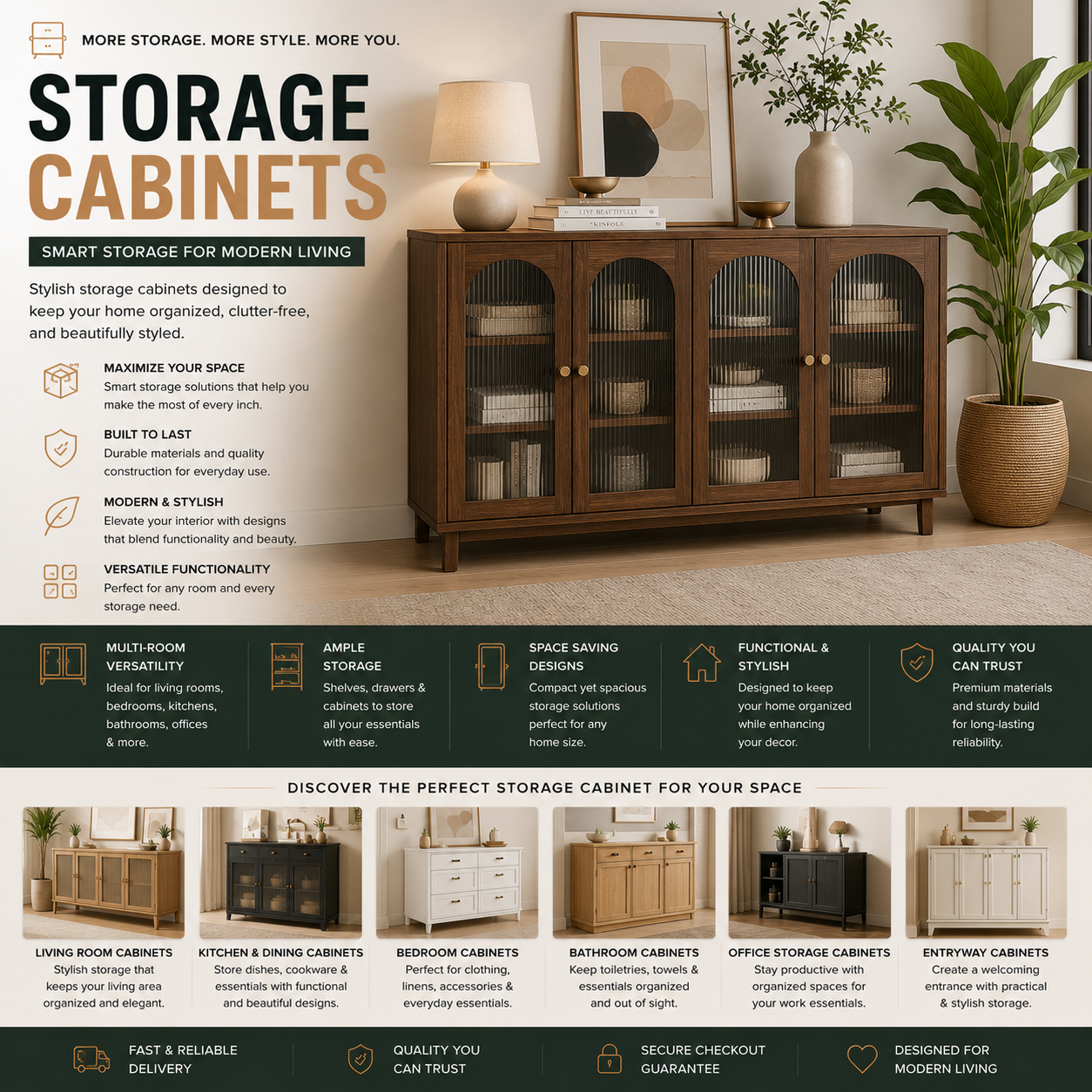 Modern storage cabinets and organization furniture for living rooms, bedrooms, kitchens, bathrooms, home offices, apartments, and contemporary interiors