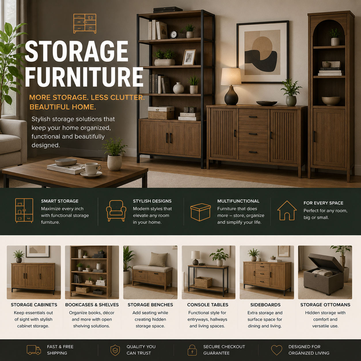 Modern storage furniture with shelving units, storage cabinets, sideboards, bookcases, and stylish organized home interior