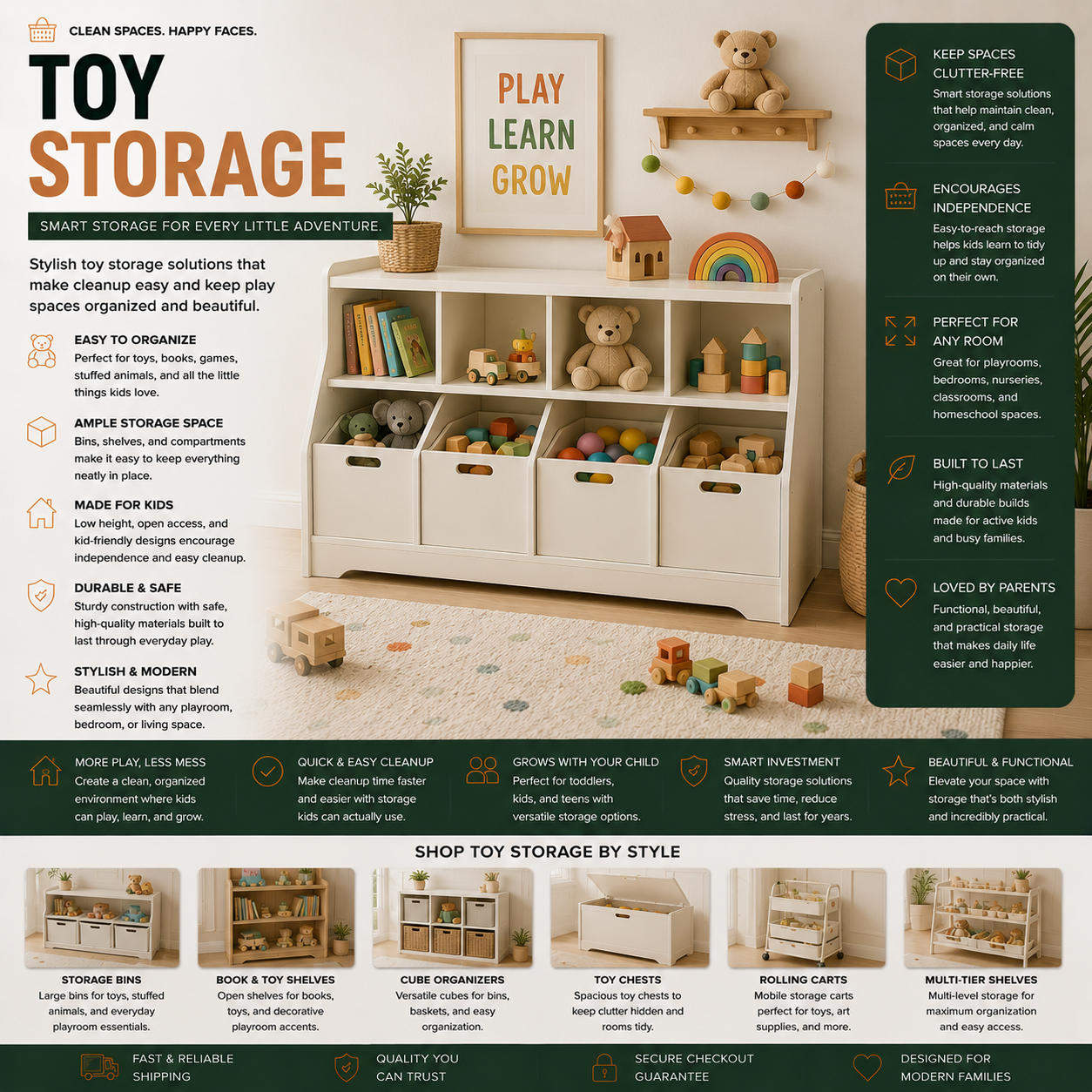 Modern toy storage organizers and kids playroom furniture for bedrooms, nurseries, family spaces, and contemporary home organization