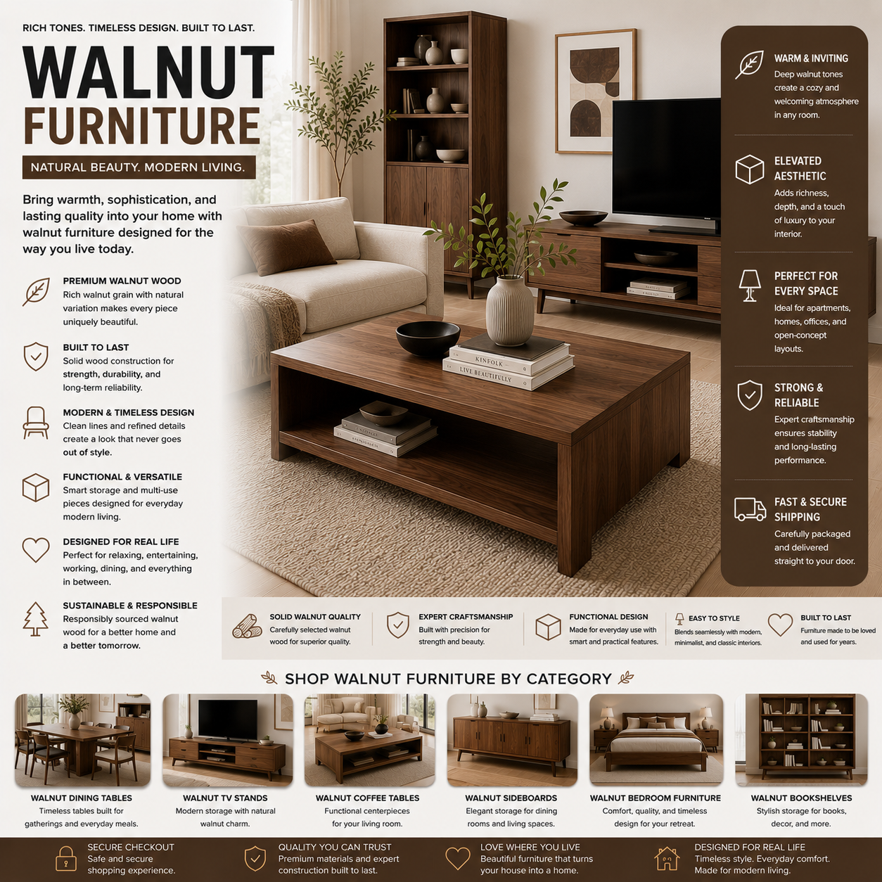 Modern walnut furniture including walnut tables, luxury wood storage furniture, and contemporary dark wood interiors