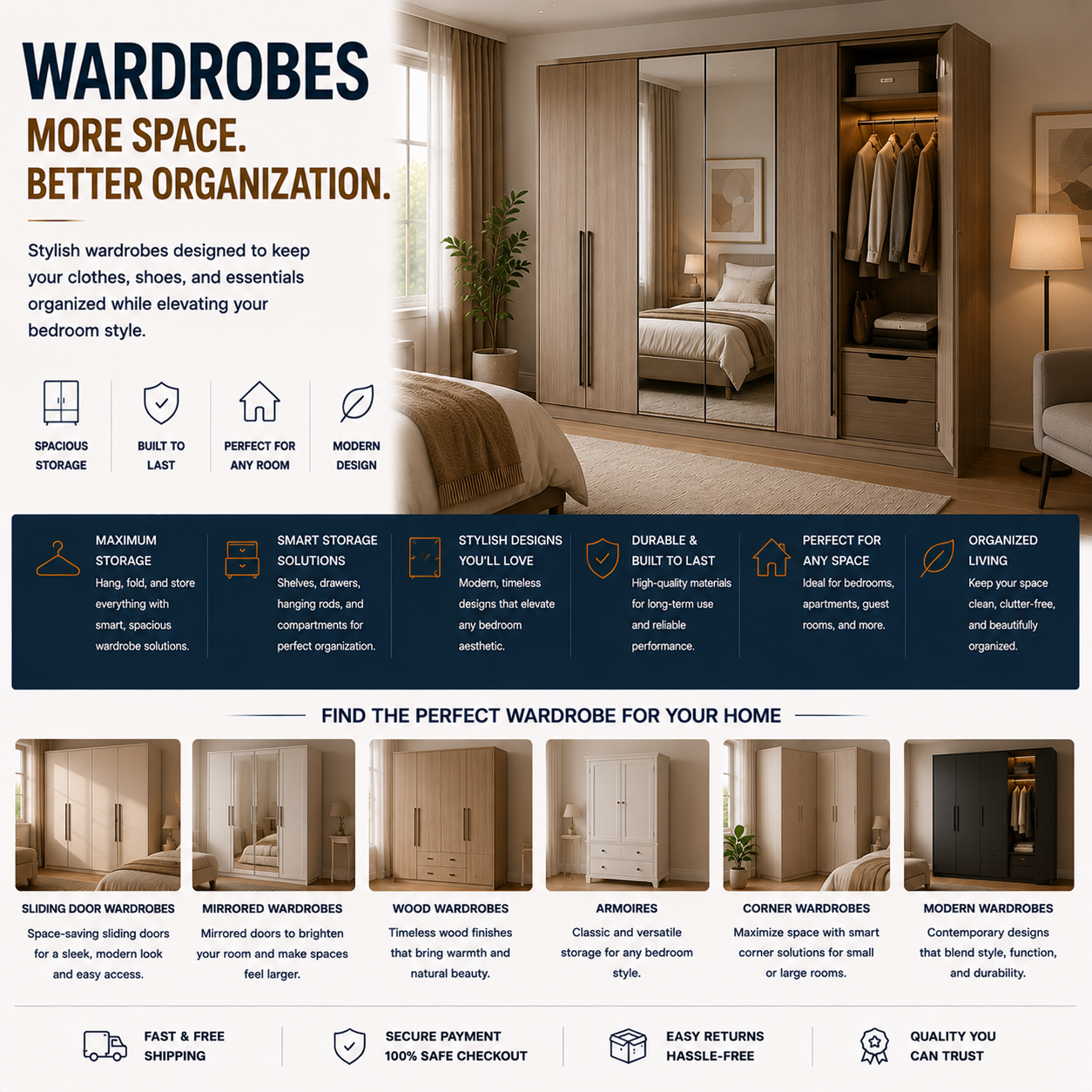Modern wardrobe closet with mirrored doors, wood bedroom storage furniture, organized contemporary bedroom, and minimalist home interior