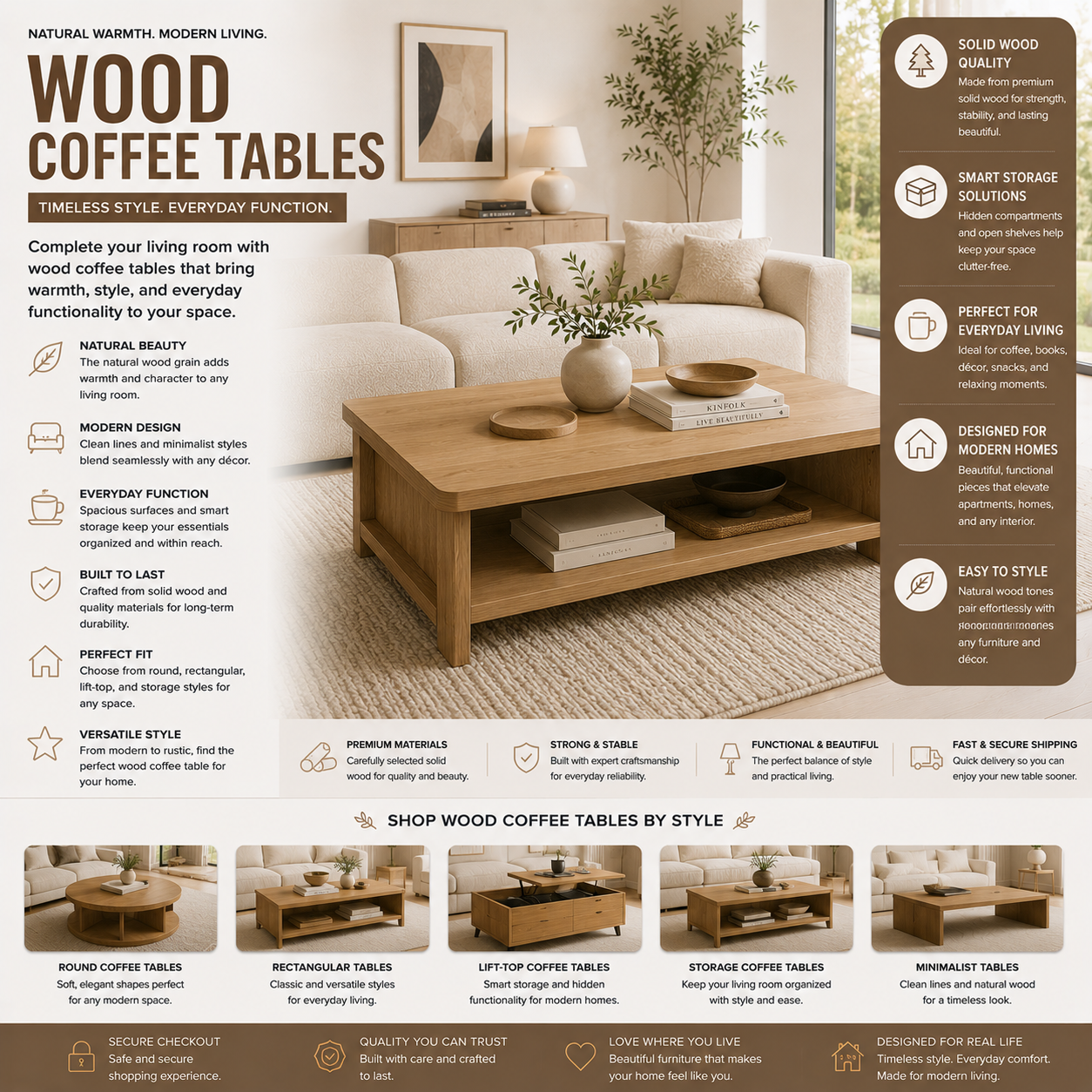 Modern wood coffee tables and solid wood living room furniture for apartments, family rooms, and contemporary interiors