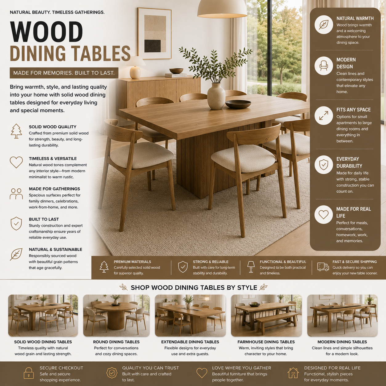 Modern wood dining tables and solid wood dining room furniture for apartments, kitchens, family homes, and contemporary interiors
