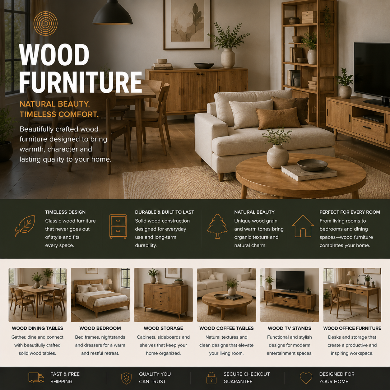 Modern wood furniture with solid wood dining table, wood storage cabinet, wood coffee table, and warm contemporary home interior