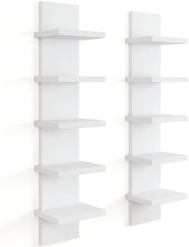 5 Tier Wall Shelf Unit, Vertical Storage Tower, White, 2-Pack