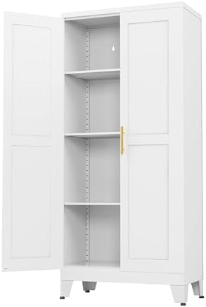 Ckzbx White Metal Cabinets with Doors and Shelves, 61" H Storage Cabinet Pantry Cabinet Garage Cabinets for Kitchen, Living Room, Dinning Room