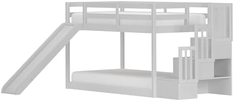 Grain & Grove Bear Twin Over Twin Low Bunk Bed with Slide, with Staircase, Brushed White