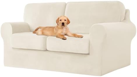 UNBBRRL Seat Cushion Cover and Back Covers for Corner Sofa Stretch Jacquard, Non Slip L Shaped Sofa Slipcover with Storage Ottoman, Sectional Couch Cover for Chaise Lounge (Ivory,24 x 24 x 6”)