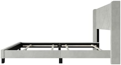 HOME DESIGN Ashland Queen Velvet Upholstered Panel Bed with Wingback Headboard, Vertical Channel Tufting, Adjustable Height, Easy Assembly, Solid Wood Frame, Light Gray