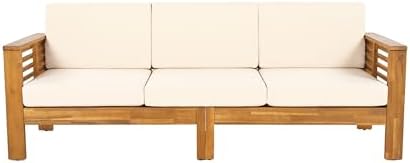 Merax 3 Piece Acacia Wood Patio Furniture Set, Outdoor Sectional Sofa Set with Coffee Table, 4 Seats Sofa Deep Seating with Soft Cushions for Garden, Backyard, Teak & Cream