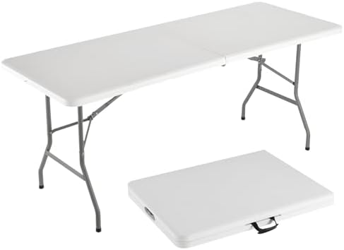 6FT Portable Folding Table, White Square Card Table with Carrying Handle & No Assembly, Slim Folding Table Built in Steel Legs Ideal for Picnic, RV Travel, Parties, Outdoor and Indoor Use