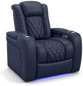 Valencia Tuscany Home Theater Seat - Nappa Leather Power Recliner with Cool Gel Memory Foam, USB-C/A Charging, RGB LED Lights, Adjustable Lumbar & Headrest (Single Recliner, Navy Blue)
