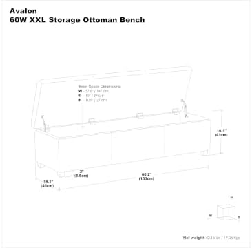 SIMPLIHOME Avalon 60" Wide Fabric Storage Ottoman in Midnight Black