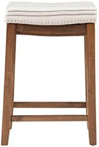 Linon Kingston Natural Wood with Upholstered Linen seat 24 Inch Seat Height Backless Counter Stool