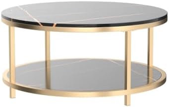 WiberWi Round Coffee Table 33.5" Coffee Tables for Living Room High Glossy Faux Balck Marble Top Modern Circle Table Sturdy Gold Metal Frame Legs Cocktail Table with Storage Open Shelf