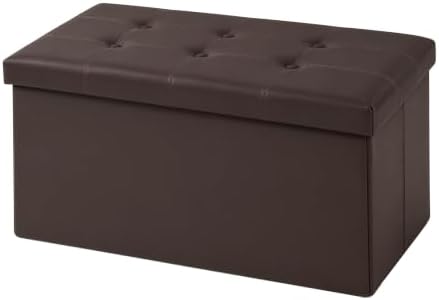 30 Inches Folding Storage Ottoman Bench, Faux Leather Footstool Ottoman, Storage Trunk Footrest for Bedroom, Living Room and Hallway, Support 350lbs, Brown(Brown line)