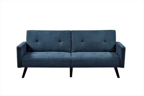 Container Furniture Direct Hasano 79" Sleeper Sofa Bed - Reclining Convertible to Full Bed - Tufted Linen Upholstery, Wooden Legs - Space-Saving Sofa Bed(79" L x 33" W x 33" H), Blue