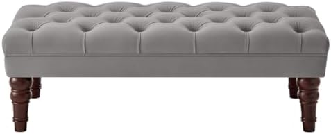 24KF Velvet Upholstered Buttons Tufted Entryway Bench with Solid Wood Leg,Bed Bench Ottoman with Padded Seat,5061N-Gray