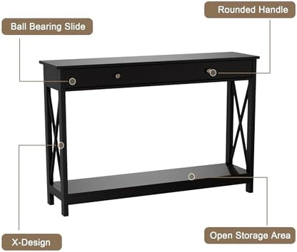Treocho 47" Farmhouse Console Table with Drawer and Storage Shelves, Foyer Sofa Table Narrow for Entryway, Living Room, Hallway, Black