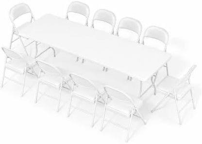 8FT White Plastic Folding Table Set with 10 White PU Padded Chairs
