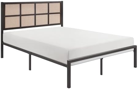 Lexicon Metal Bed Frame with Rattan Headboard, Platform Bed with Strong Metal Slat Support Under Bed Storage, Boho Faux Cane Bed, Mattress Foundation No Box Spring Needed, Full Bed, Dark Bronze